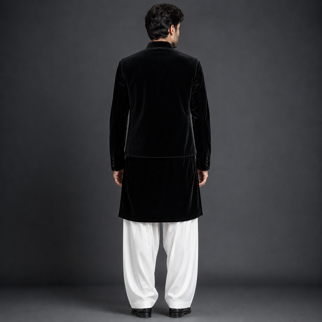 Luxury Black Velvet Open Jodhpuri Jacket | Silver Embroidered Kurta Jacket with White Trousers
