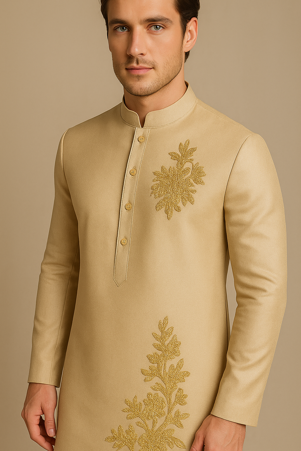 Beige Kurta with Gold Embroidery Patterns | P&H BY PRIYANSHU