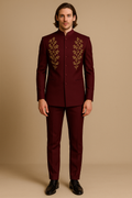 Maroon Jodhpuri Bandhgala Wedding Suit with Golden Hand Embroidery | P&H BY PRIYANSHU