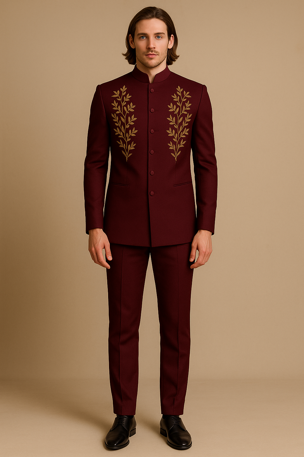 Maroon Jodhpuri Bandhgala Wedding Suit with Golden Hand Embroidery | P&H BY PRIYANSHU