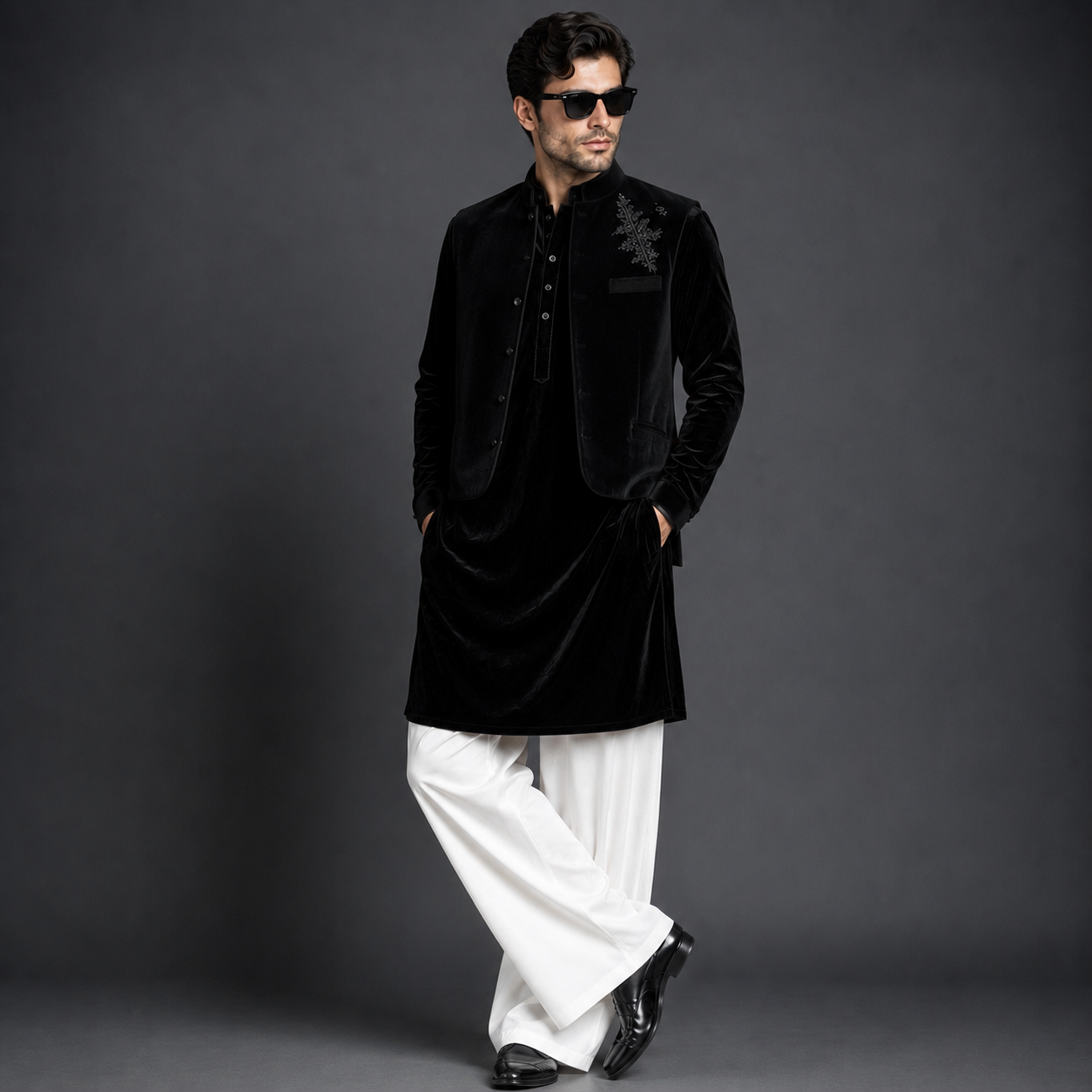Luxury Black Velvet Open Jodhpuri Jacket | Silver Embroidered Kurta Jacket with White Trousers