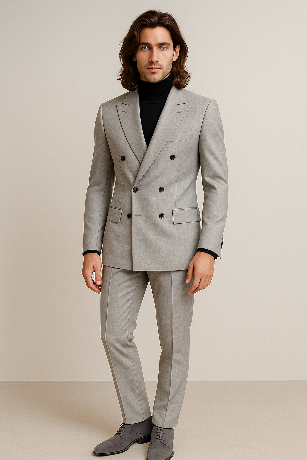 Man wearing a gray suit with a black turtleneck and gray shoes on a beige background