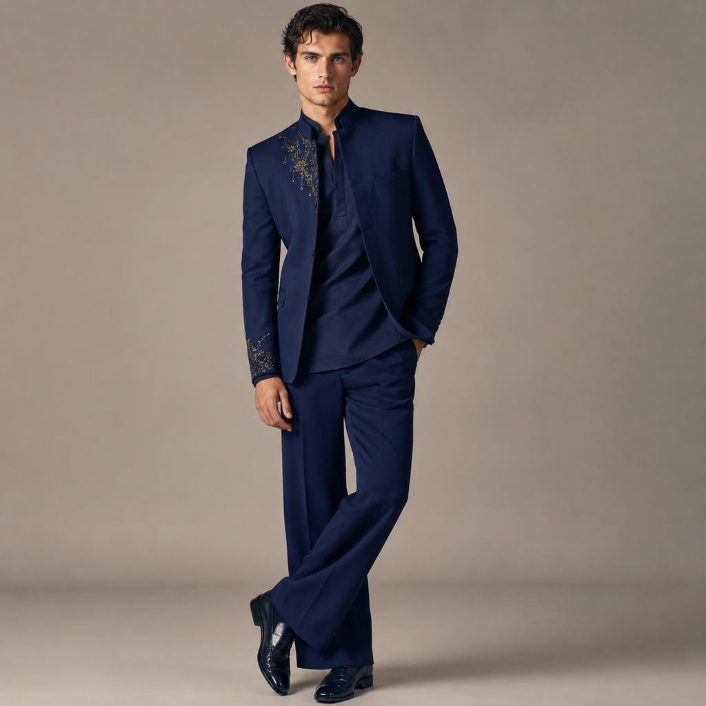 Luxury Dark Navy Blue Open Jodhpuri Kurta Set | Gold Embroidered Jacket & Matching Pants