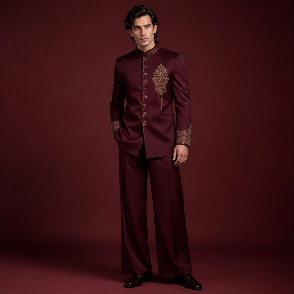 Luxury Maroon Jodhpuri Suit for Men | Hand Embroidered Gold Bandhgala Wedding Suit