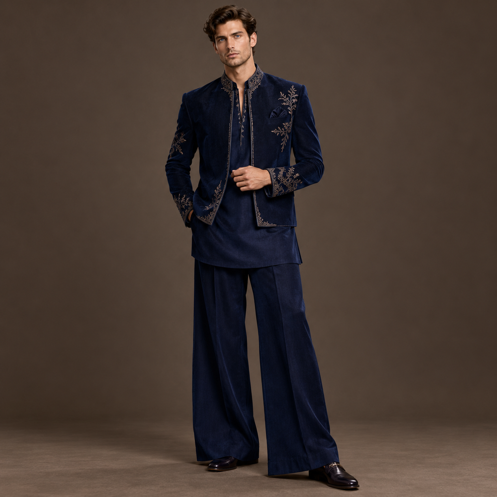 Luxury navy blue open Jodhpuri jacket with hand embroidered gold detailing, short kurta and wide-leg pants for men by P&H BY PRIYANSHU