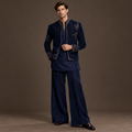 Luxury navy blue open Jodhpuri jacket with hand embroidered gold detailing, short kurta and wide-leg pants for men by P&H BY PRIYANSHU