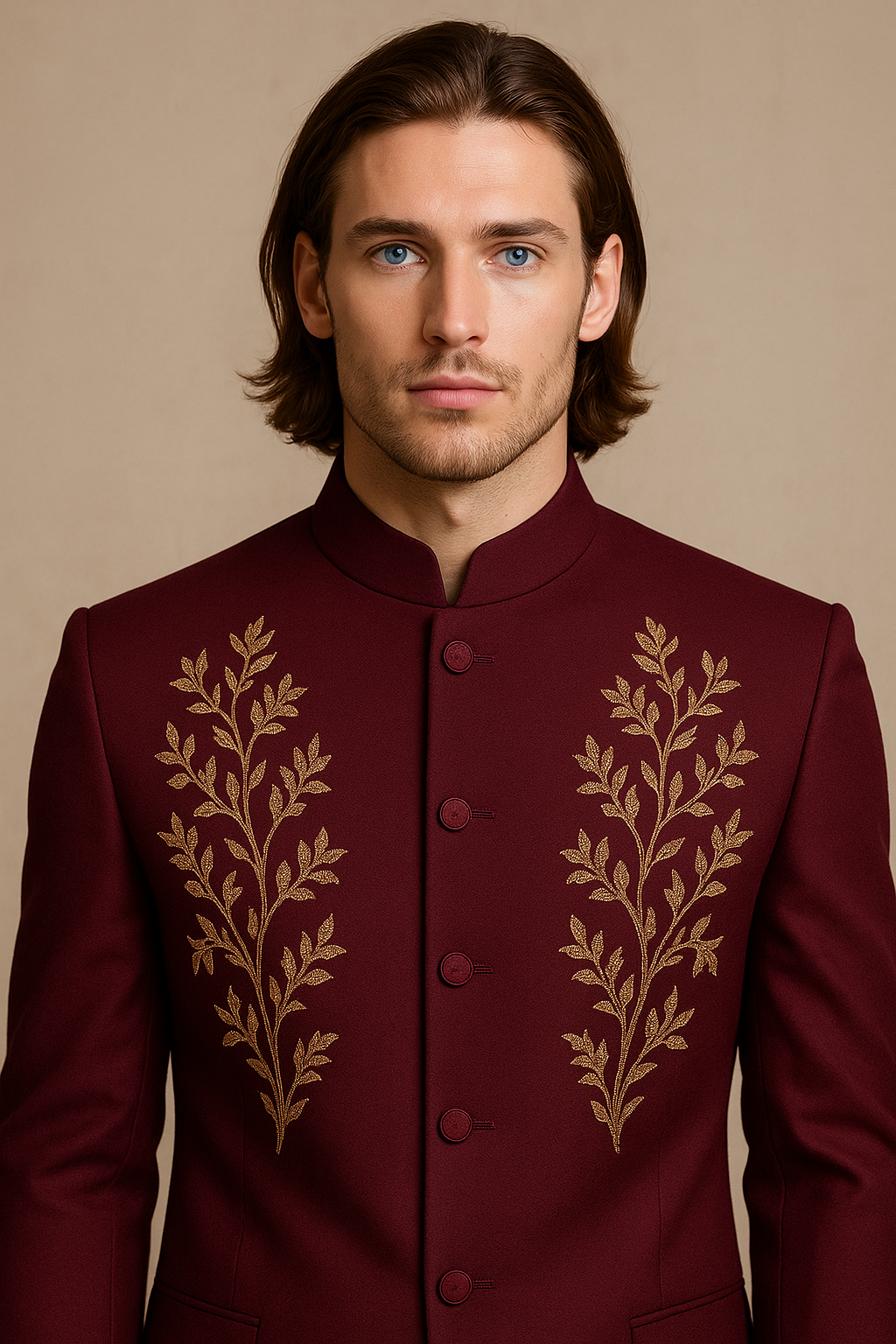 Man wearing a burgundy embroidered jacket against a beige background