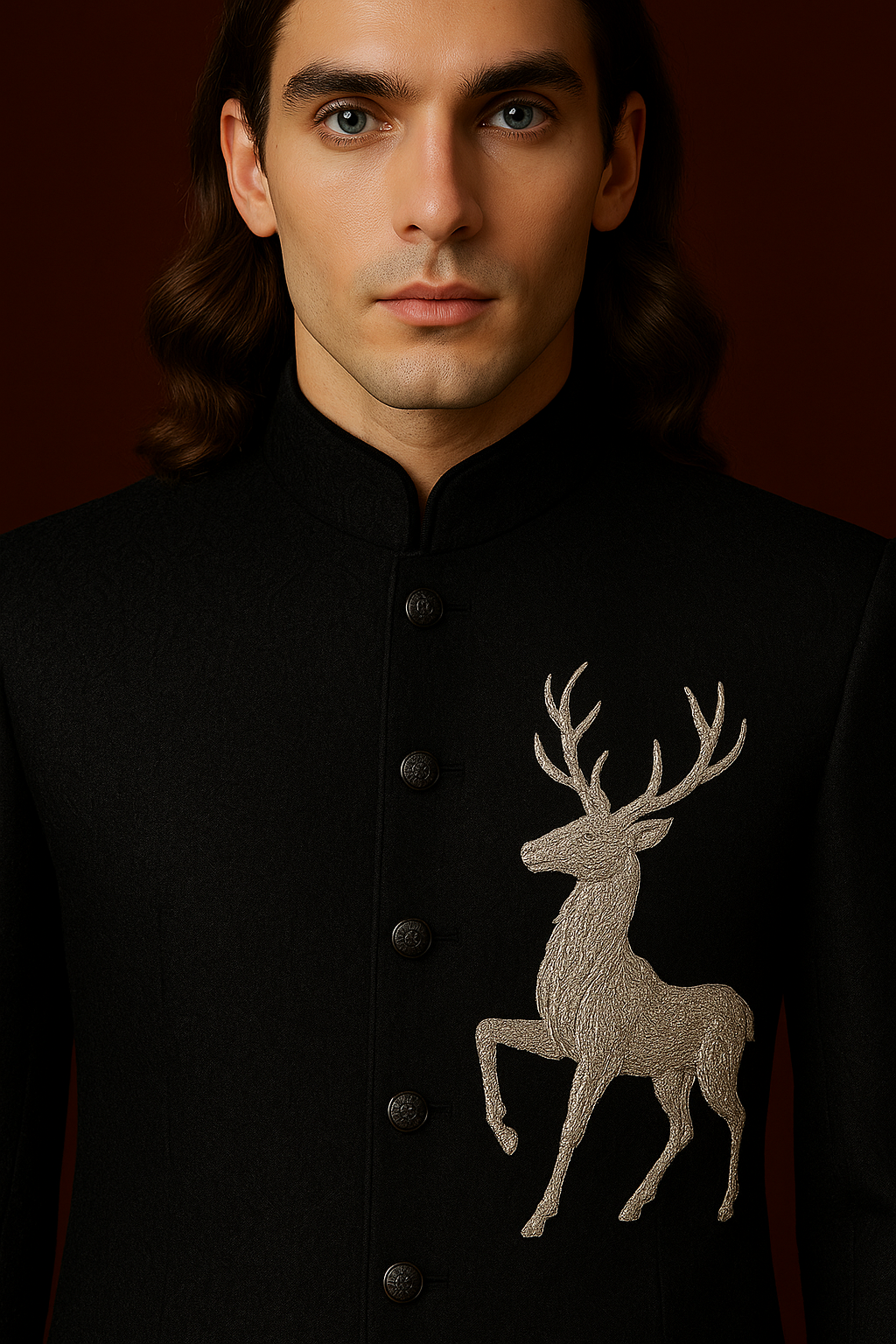 Man wearing a black coat with a deer emblem on a dark background