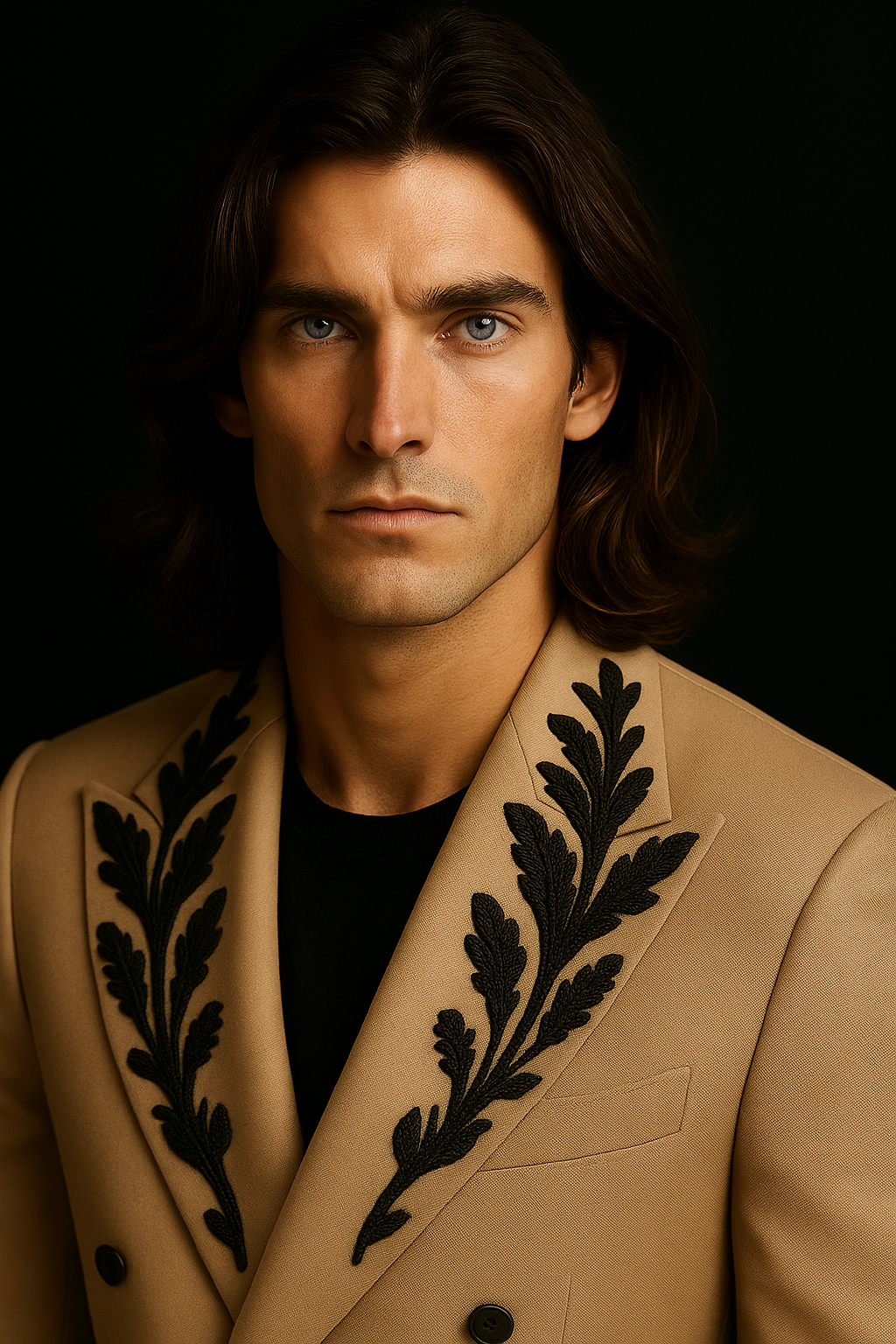 Man wearing a beige blazer with black leaf patterns against a dark background