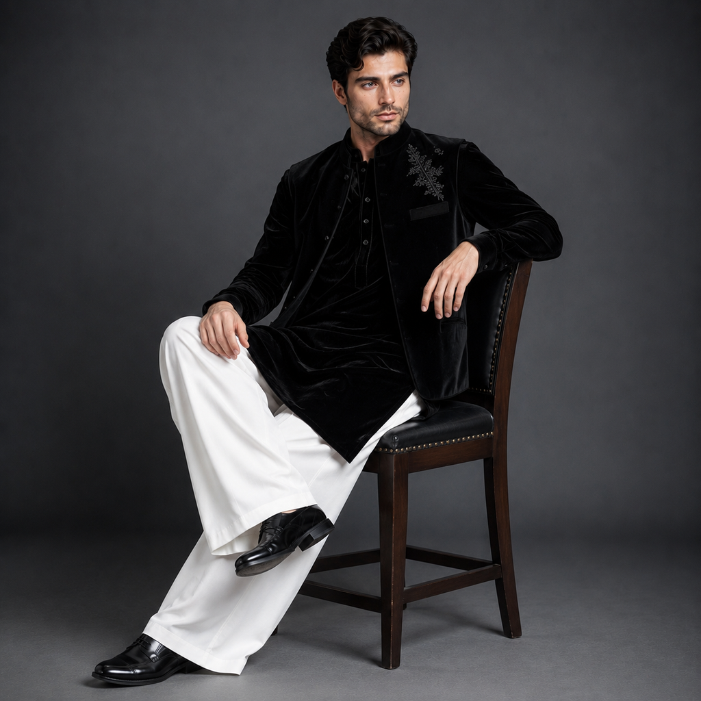 Luxury Black Velvet Open Jodhpuri Jacket | Silver Embroidered Kurta Jacket with White Trousers