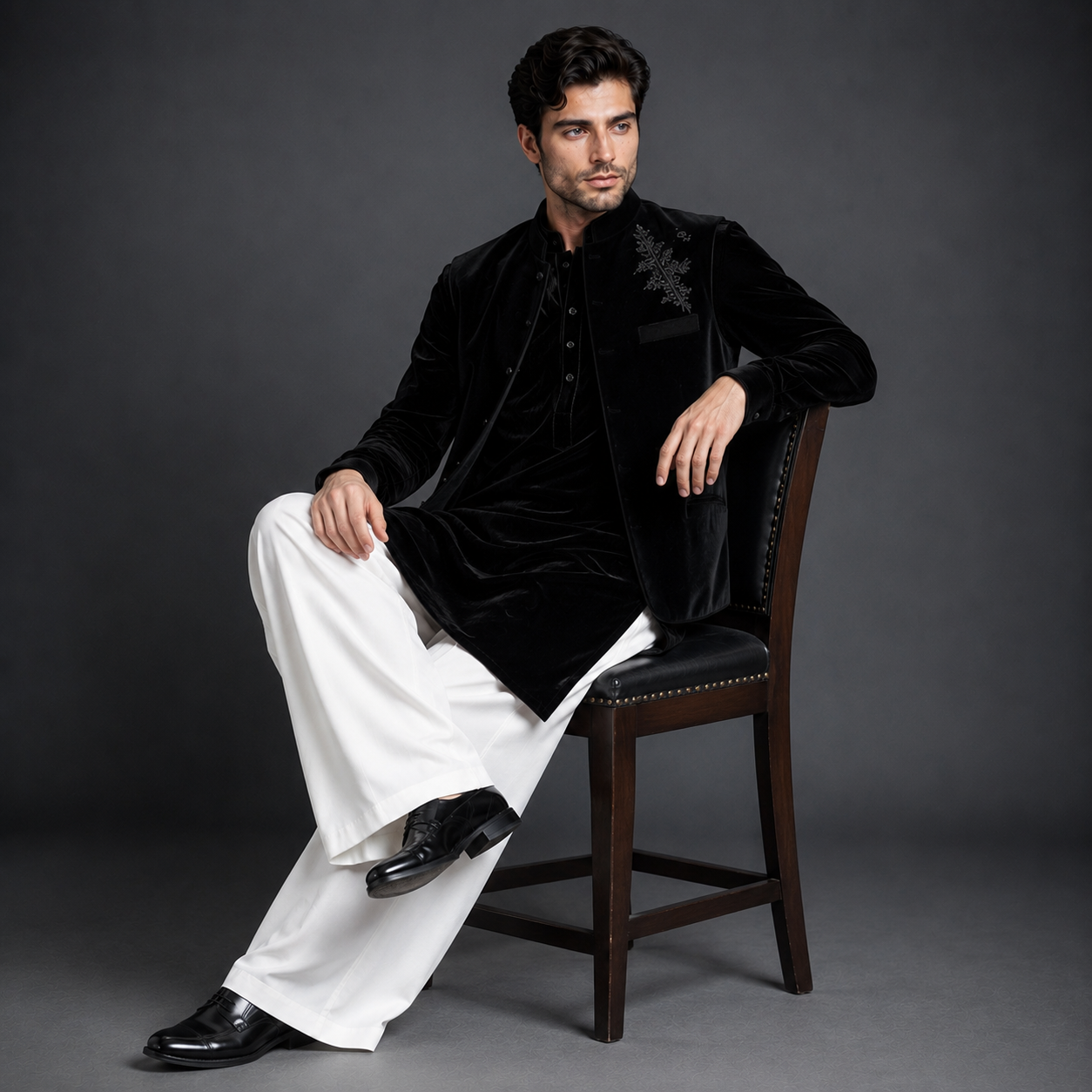 Luxury Black Velvet Open Jodhpuri Jacket | Silver Embroidered Kurta Jacket with White Trousers