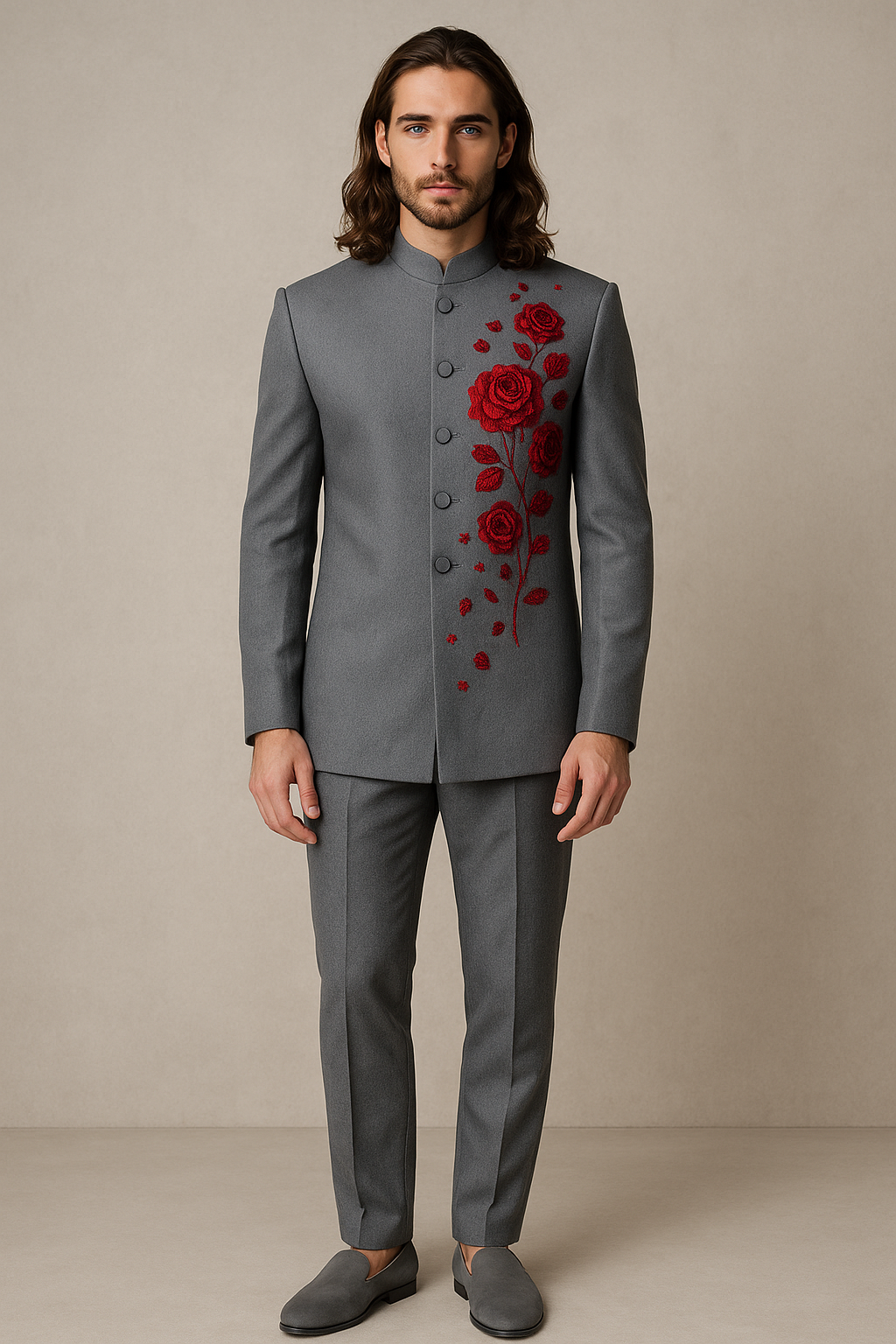 Gray Jodhpuri Bandhgala Suit with Red Floral Embroidery | P&H BY PRIYANSHU