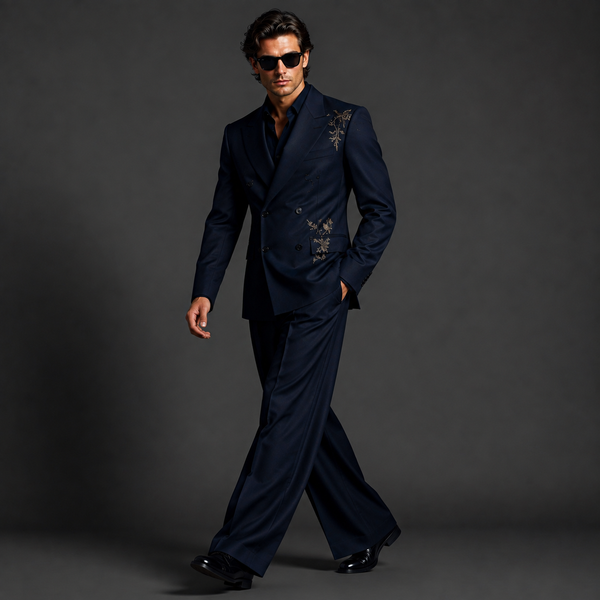 Luxury Dark Navy Double Breasted Suit for Men | Ornate Gold Embroidered Designer Suit
