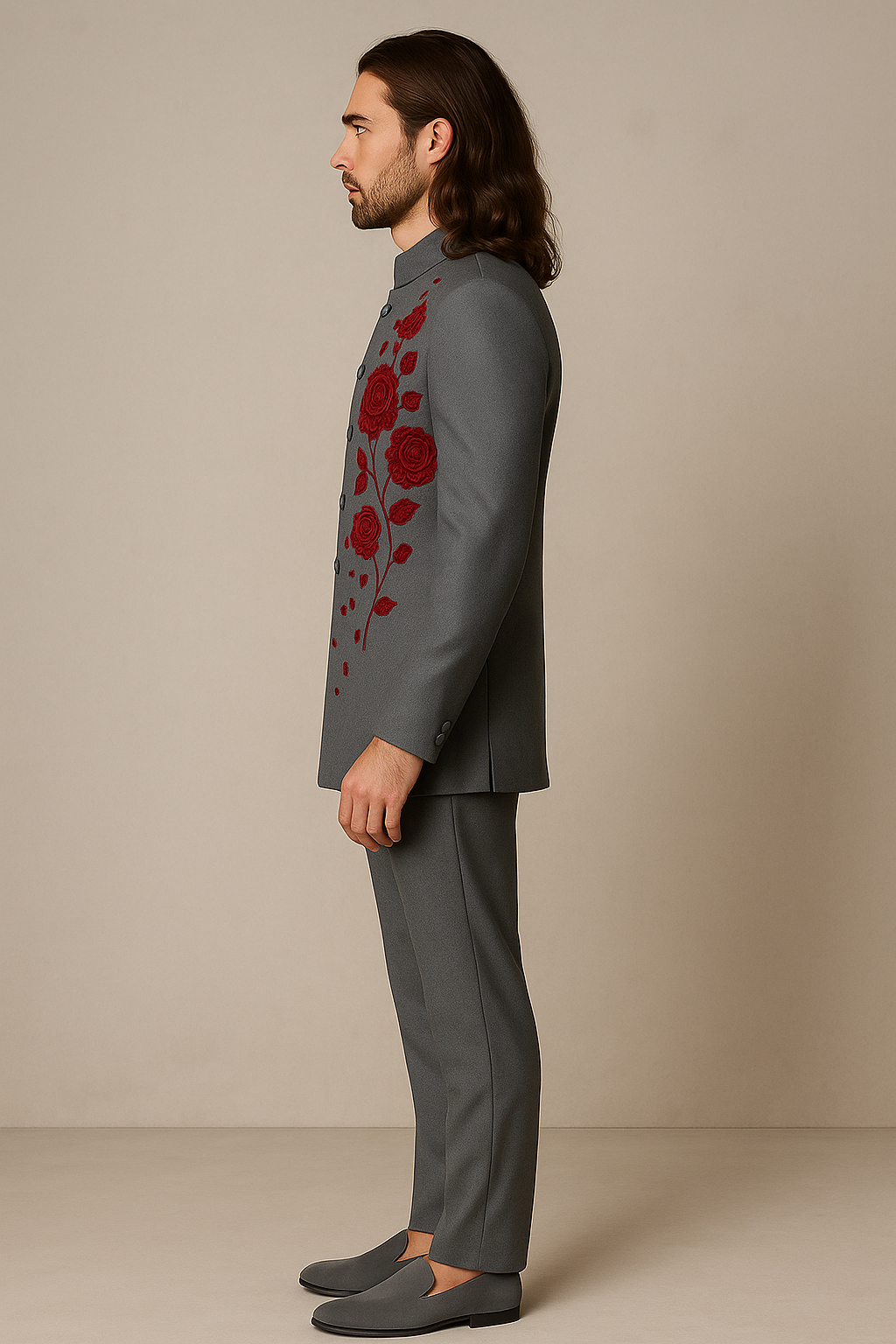 Gray Jodhpuri Bandhgala Suit with Red Floral Embroidery | P&H BY PRIYANSHU