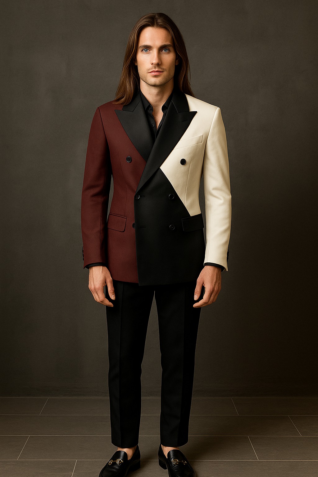 Man wearing a two-tone suit with maroon and beige on a dark background