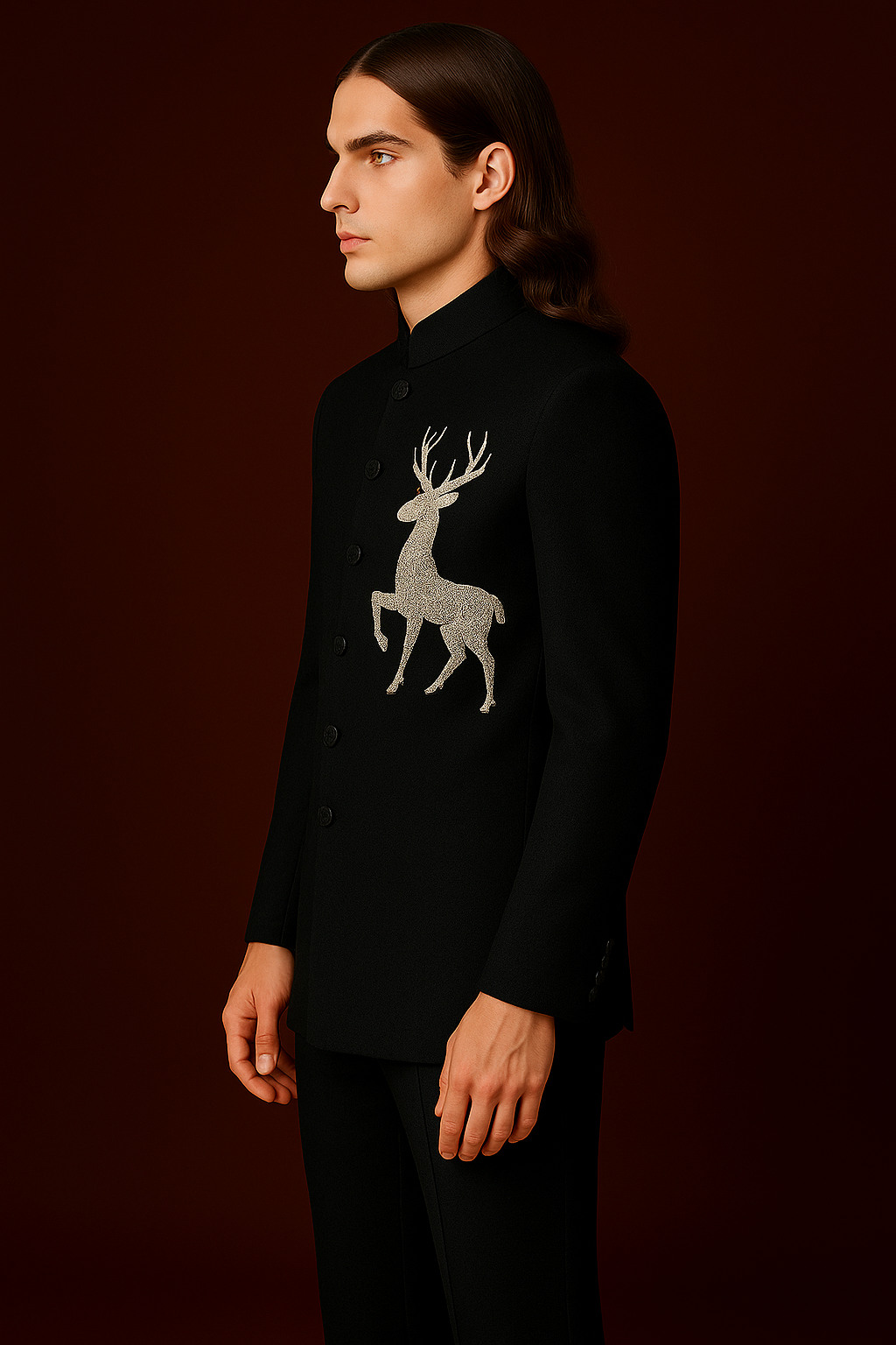 Black Jodhpuri Bandhgala Suit with Hand-Embroidered Deer Motif | P&H BY PRIYANSHU