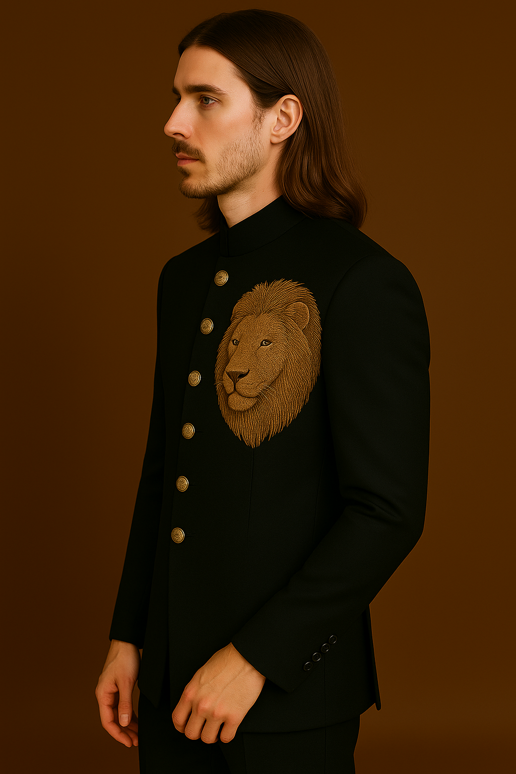 Black Jodhpuri Bandhgala Suit with Golden Lion Face Motif Embroidery | P&H BY PRIYANSHU