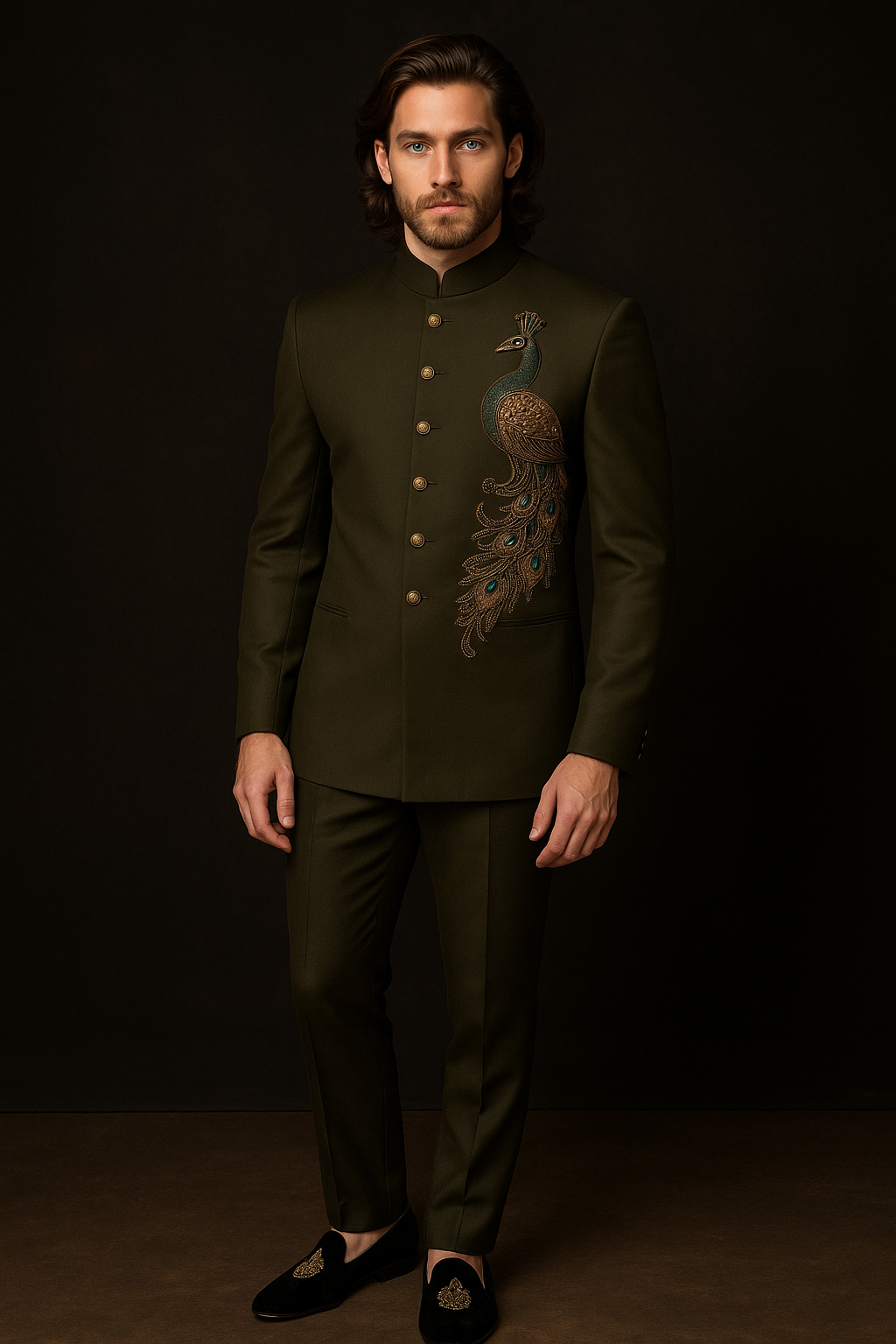 Dark Green Jodhpuri Suit with Peacock Embroidery | P&H BY PRIYANSHU