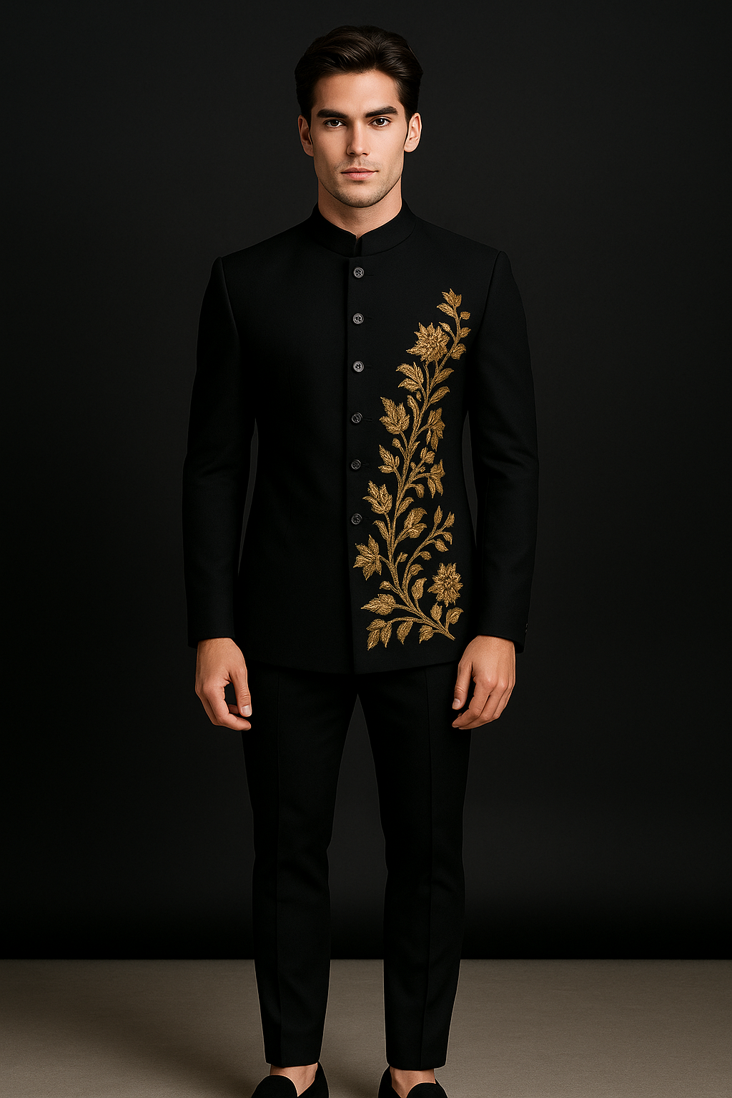 Man wearing a black traditional outfit with gold embroidery on a dark background