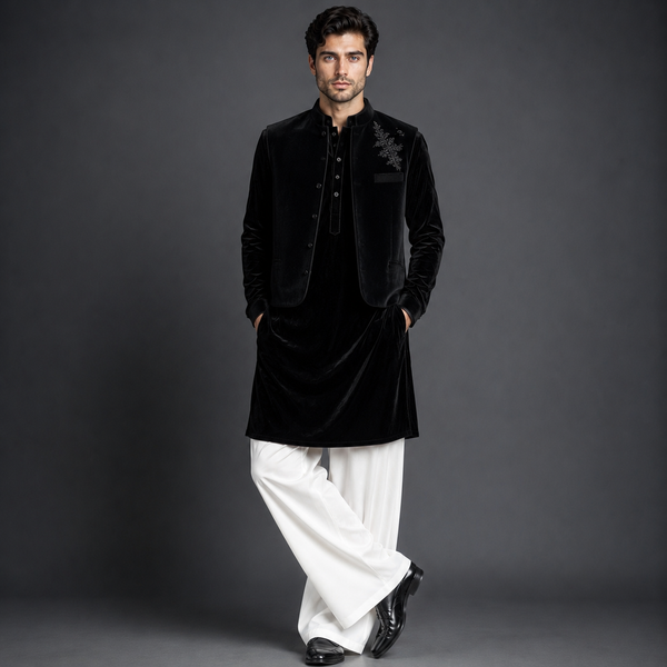 A man modeling a black velvet kurta jacket with silver embroidery on the chest, paired with white trousers and black shoes, against a dark gray studio background.