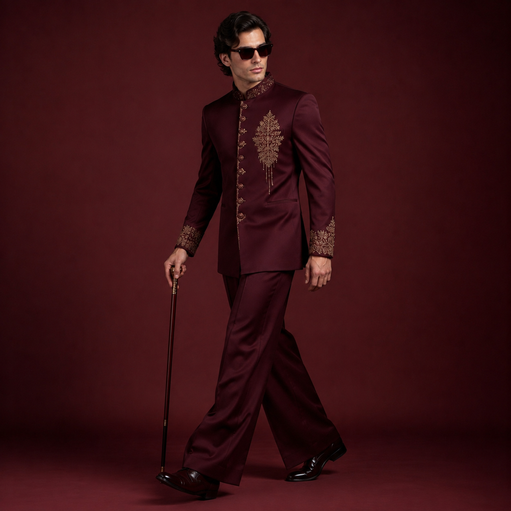 Luxury Maroon Jodhpuri Suit for Men | Hand Embroidered Gold Bandhgala Wedding Suit