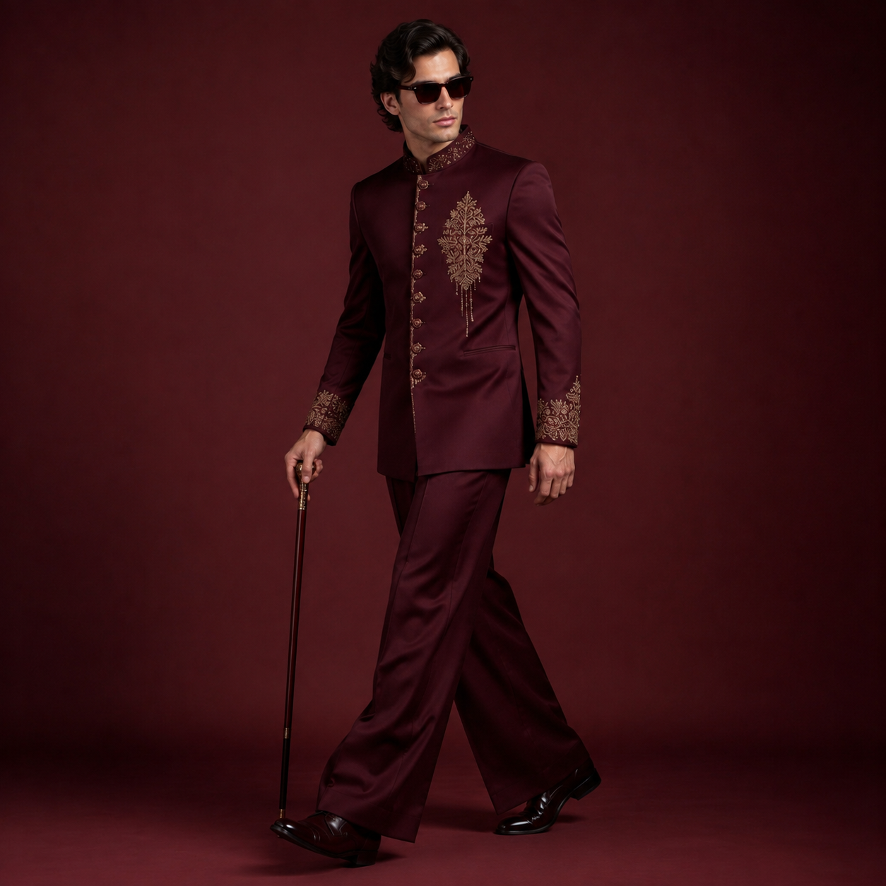 Luxury Maroon Jodhpuri Suit for Men | Hand Embroidered Gold Bandhgala Wedding Suit