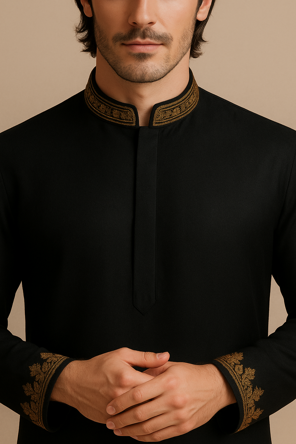 Black Kurta with Handcrafted Gold Embroidery | P&H BY PRIYANSHU
