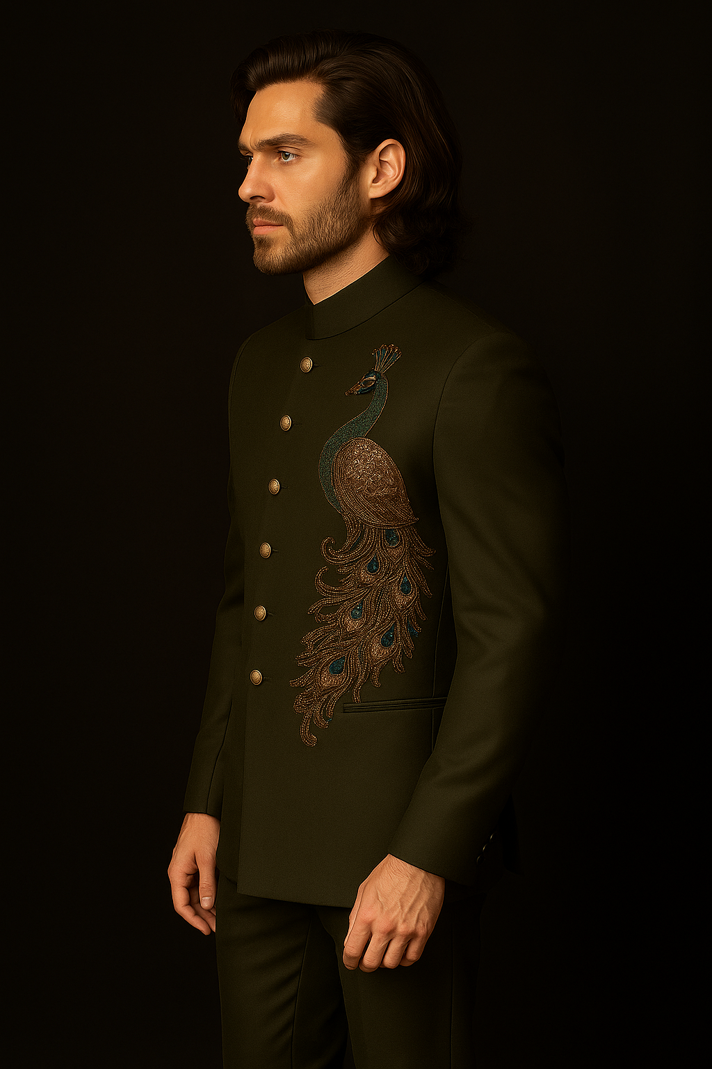 Dark Green Jodhpuri Suit with Peacock Embroidery | P&H BY PRIYANSHU