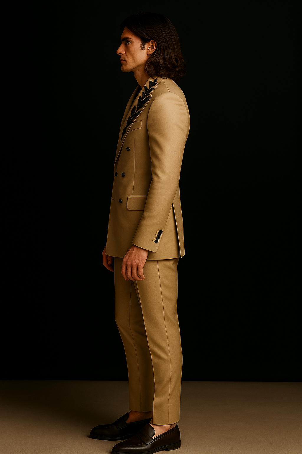 Beige Double-Breasted Suit with Black Leaf Hand Embroidery | P&H BY PRIYANSHU