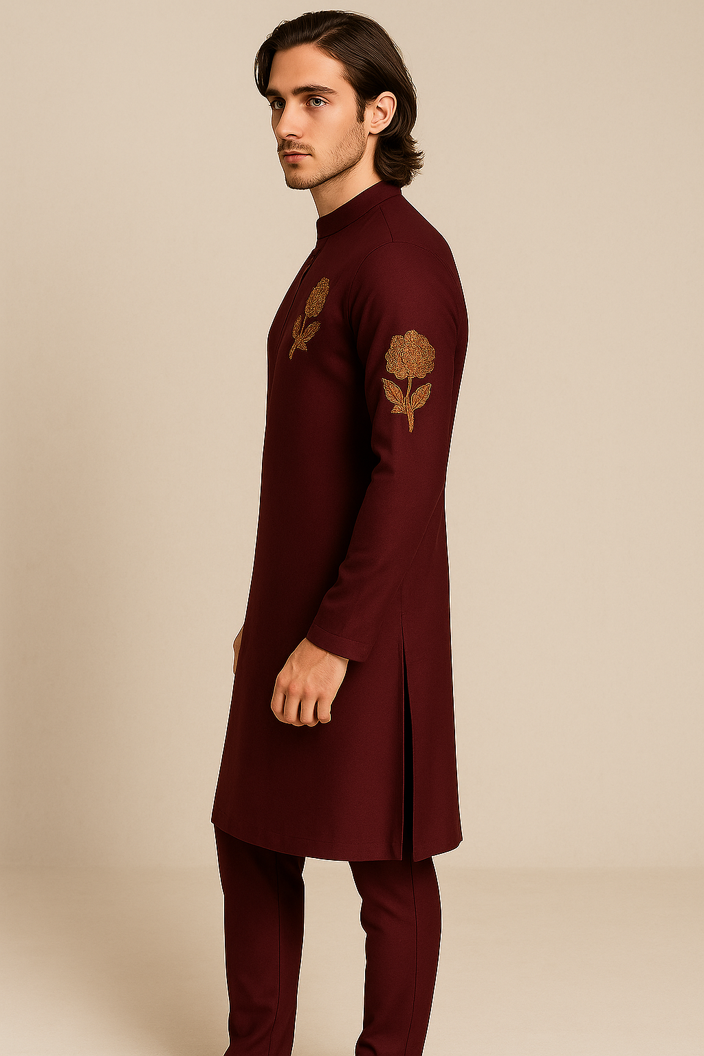 Maroon Kurta with Handcrafted Floral Embroidery | P&H BY PRIYANSHU