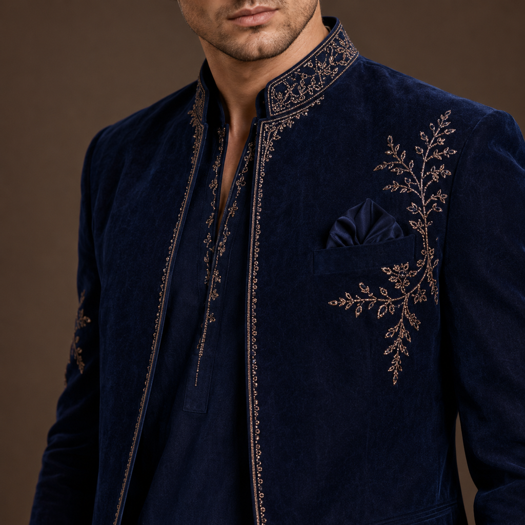 Luxury Navy Blue Open Jodhpuri Suit for Men | Hand Embroidered Jacket, Short Kurta & Wide-Leg Pants