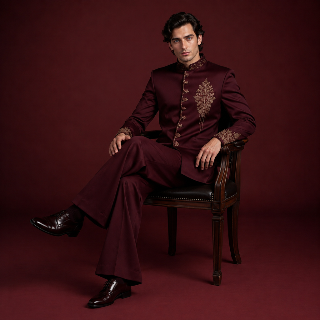 Luxury Maroon Jodhpuri Suit for Men | Hand Embroidered Gold Bandhgala Wedding Suit