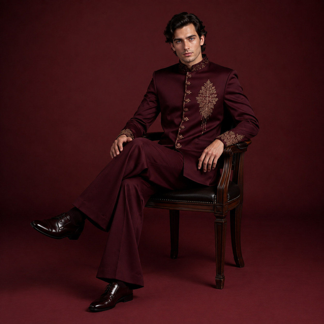 Luxury Maroon Jodhpuri Suit for Men | Hand Embroidered Gold Bandhgala Wedding Suit