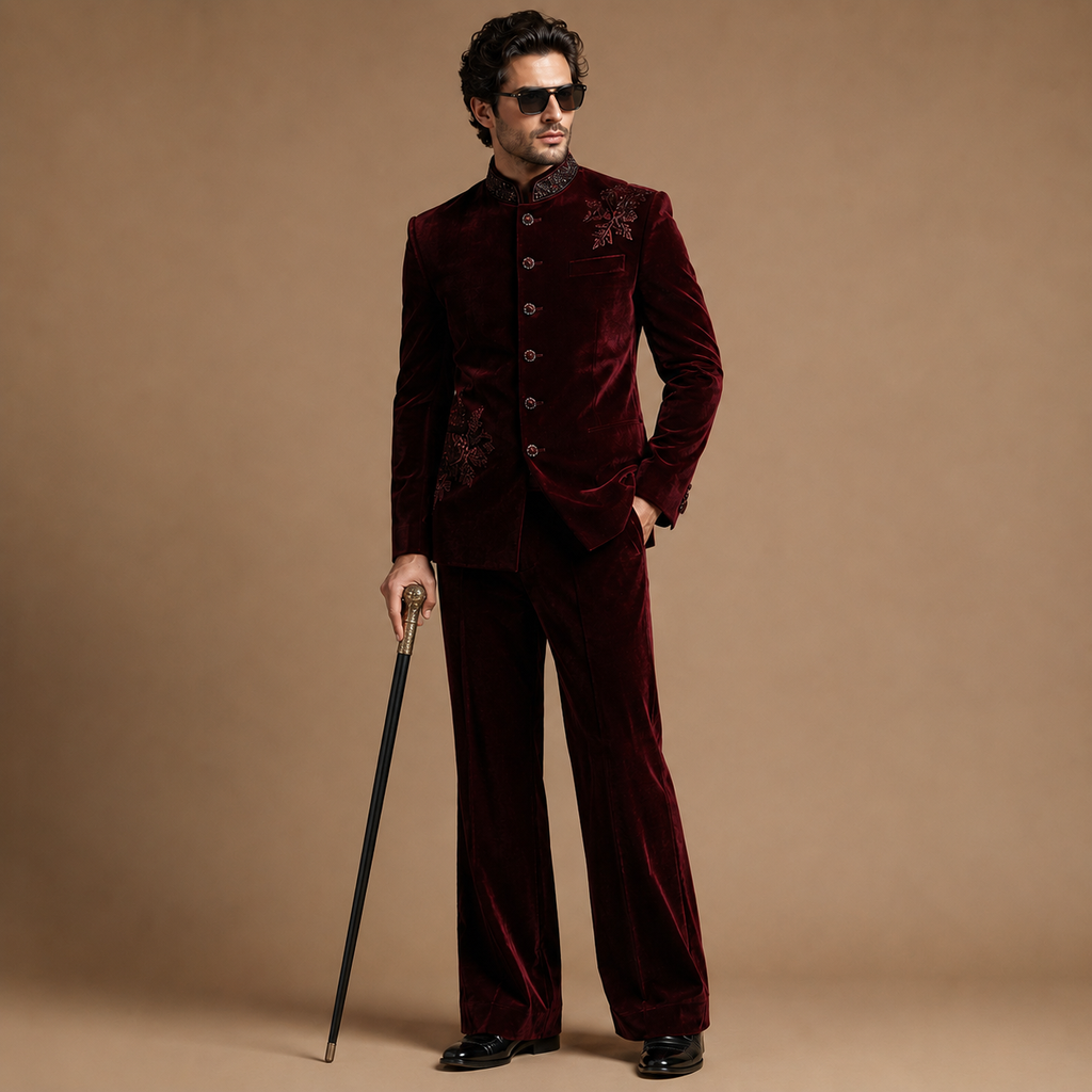 Luxury Dark Maroon Wine Groom Jodhpuri Suit | Hand Embroidered Wedding & Engagement Suit with Matching Pants