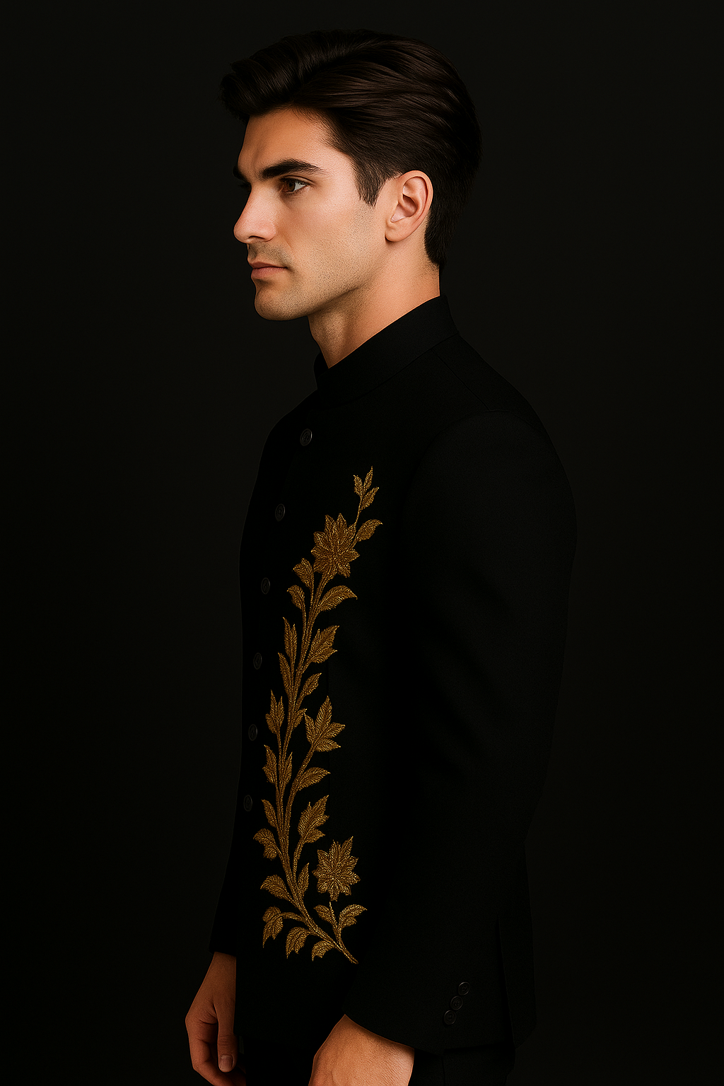 Black Luxury Jodhpuri Bandhgala Suit with Gold Hand Embroidery | P&H BY PRIYANSHU