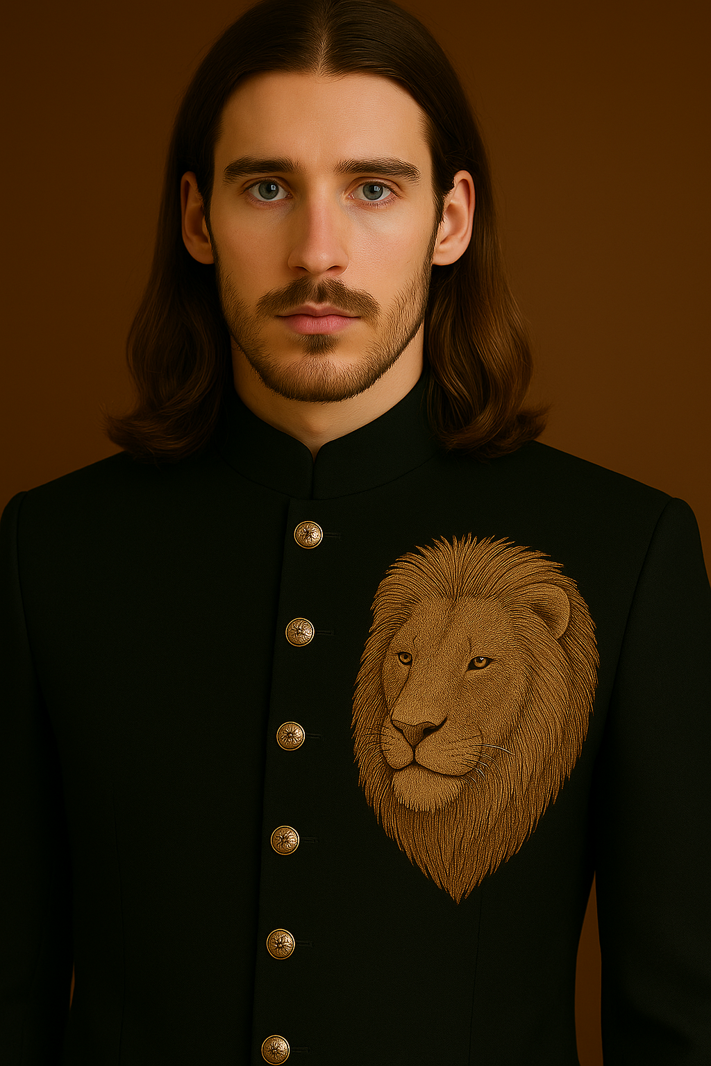 Man wearing a black jacket with a lion emblem against a brown background