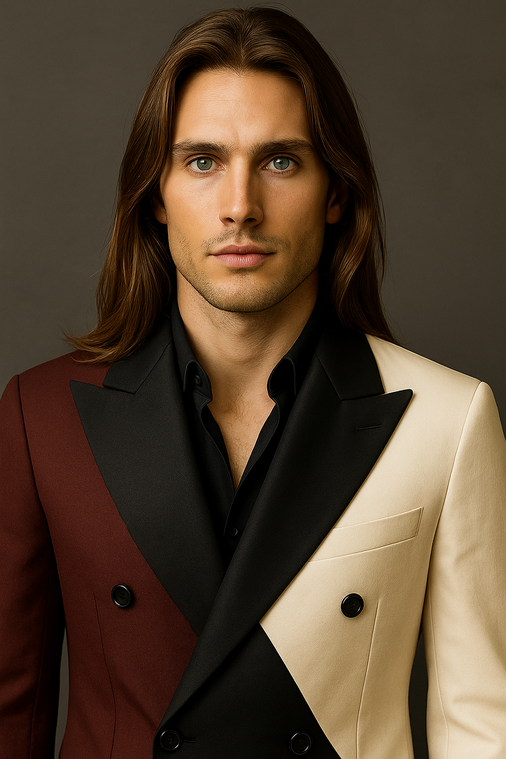 Man wearing a stylish two-tone suit with a maroon and beige design against a neutral background