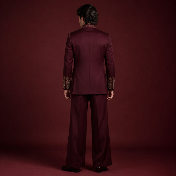 Luxury Maroon Jodhpuri Suit for Men | Hand Embroidered Gold Bandhgala Wedding Suit