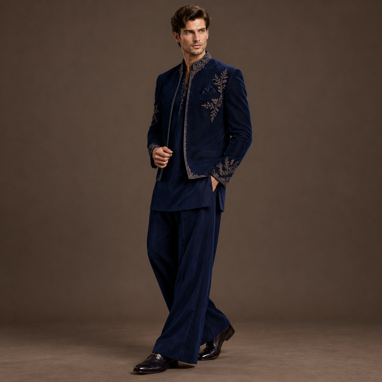Luxury Navy Blue Open Jodhpuri Suit for Men | Hand Embroidered Jacket, Short Kurta & Wide-Leg Pants