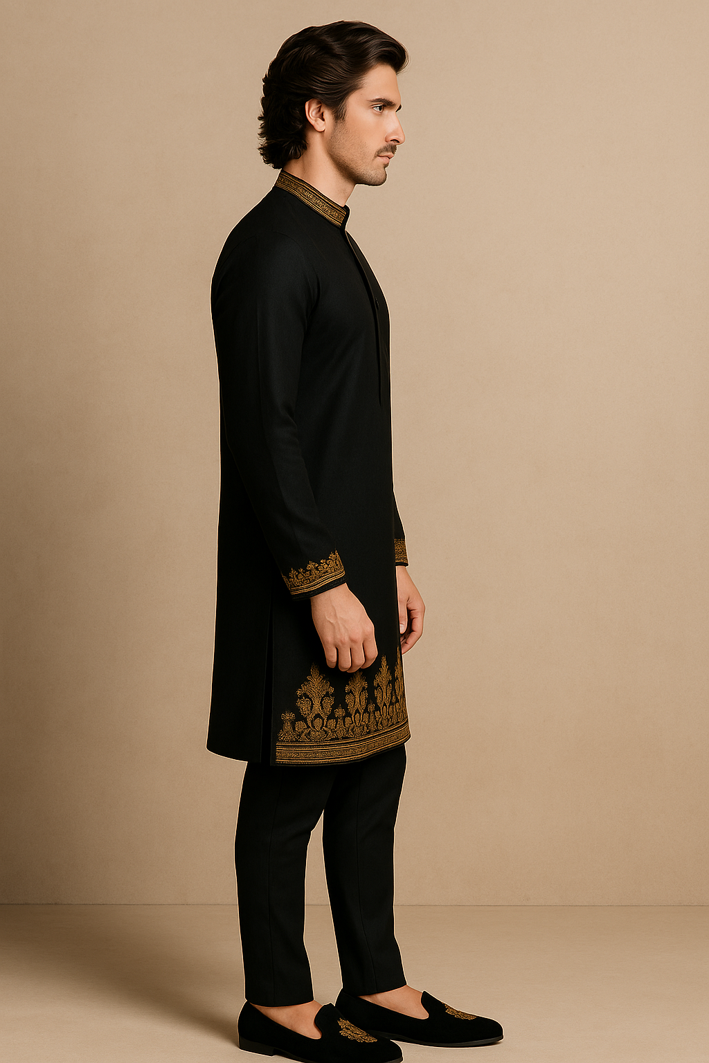 Black Kurta with Handcrafted Gold Embroidery | P&H BY PRIYANSHU