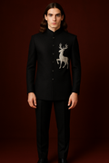 Black Jodhpuri Bandhgala Suit with Hand-Embroidered Deer Motif | P&H BY PRIYANSHU