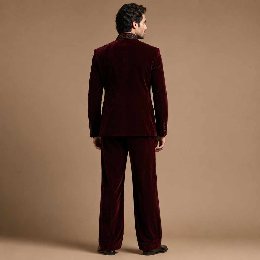 Luxury Dark Maroon Wine Groom Jodhpuri Suit | Hand Embroidered Wedding & Engagement Suit with Matching Pants