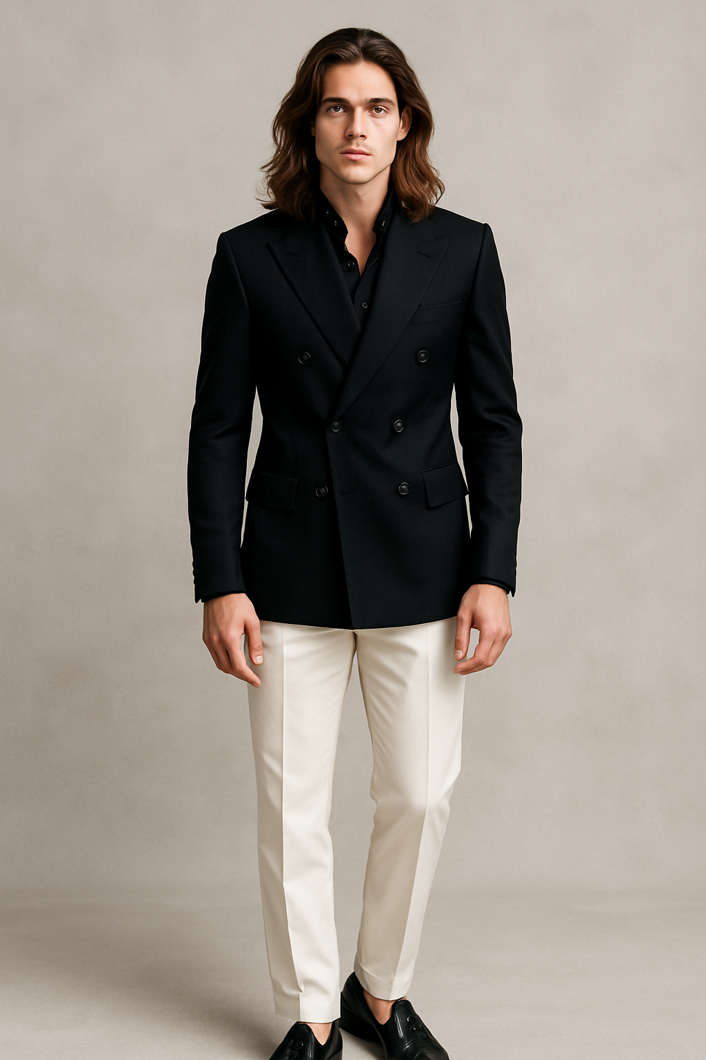 Man wearing a black blazer and white pants against a plain background