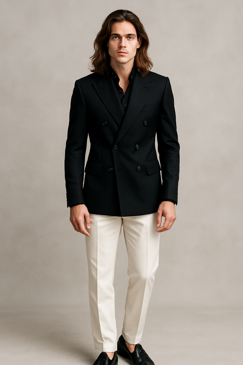 Man wearing a black blazer and white pants against a plain background