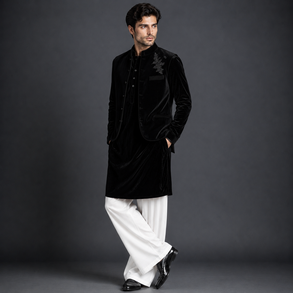 Luxury Black Velvet Open Jodhpuri Jacket | Silver Embroidered Kurta Jacket with White Trousers