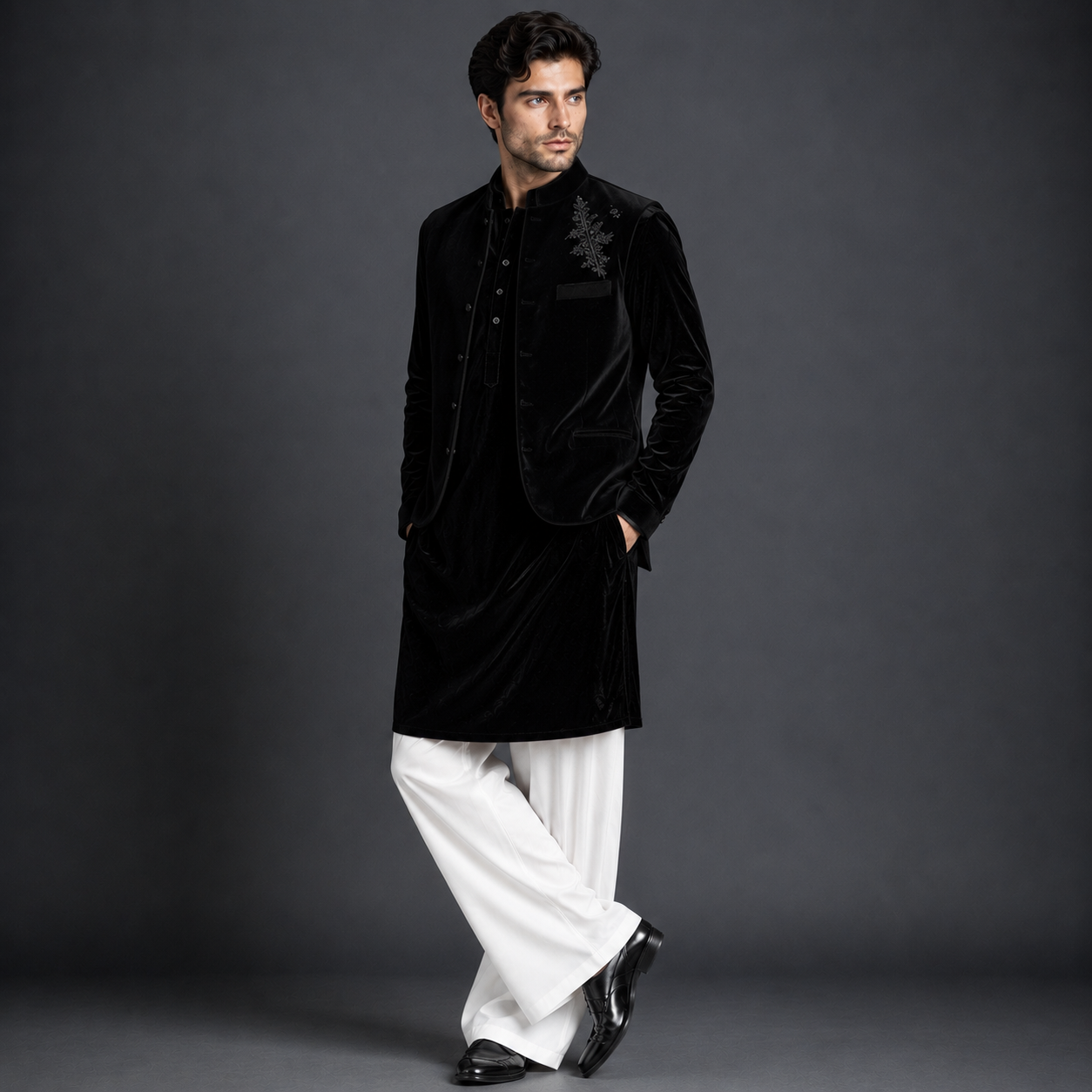 Luxury Black Velvet Open Jodhpuri Jacket | Silver Embroidered Kurta Jacket with White Trousers