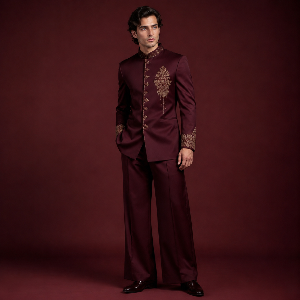 Luxury Maroon Jodhpuri Suit for Men | Hand Embroidered Gold Bandhgala Wedding Suit