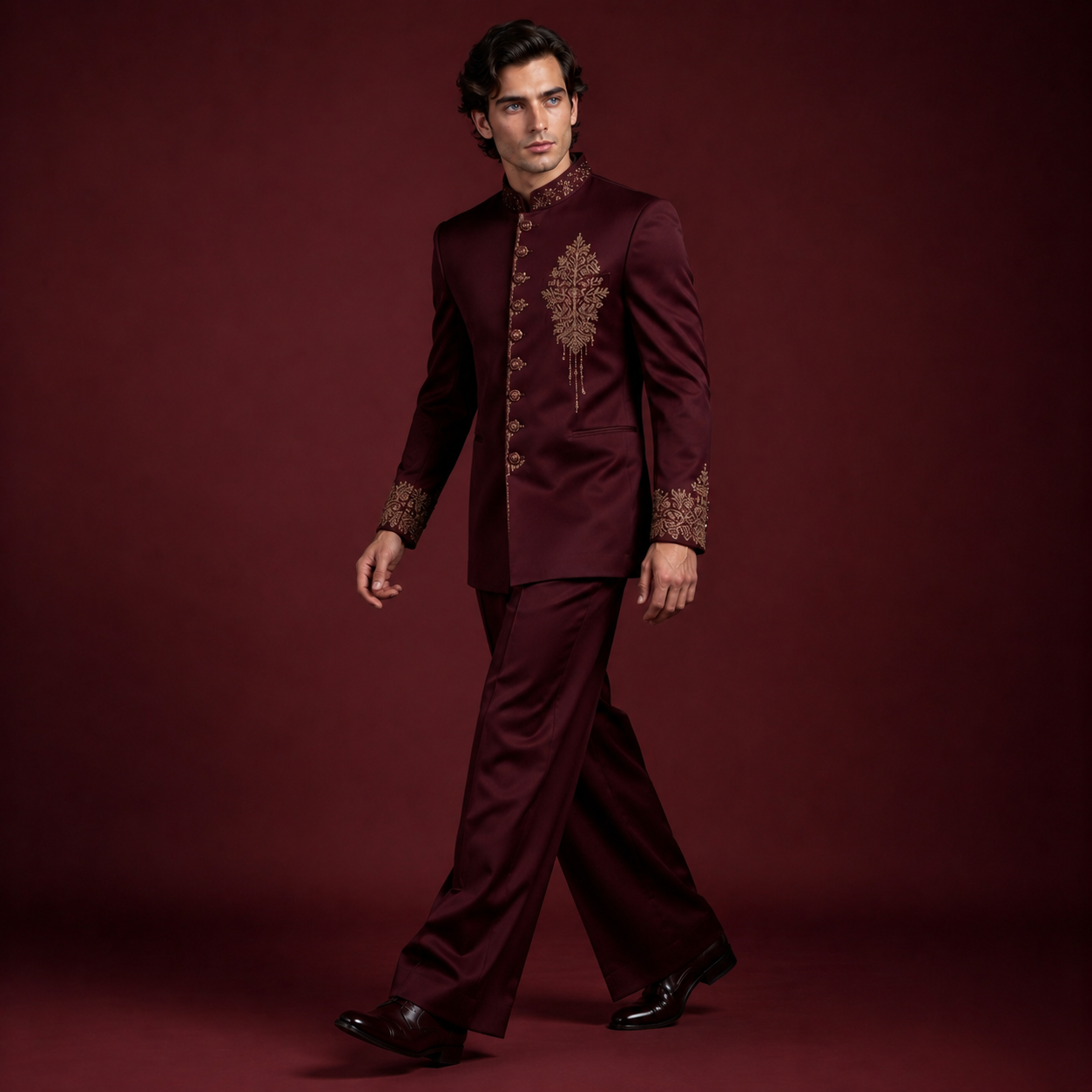 Luxury Maroon Jodhpuri Suit for Men | Hand Embroidered Gold Bandhgala Wedding Suit
