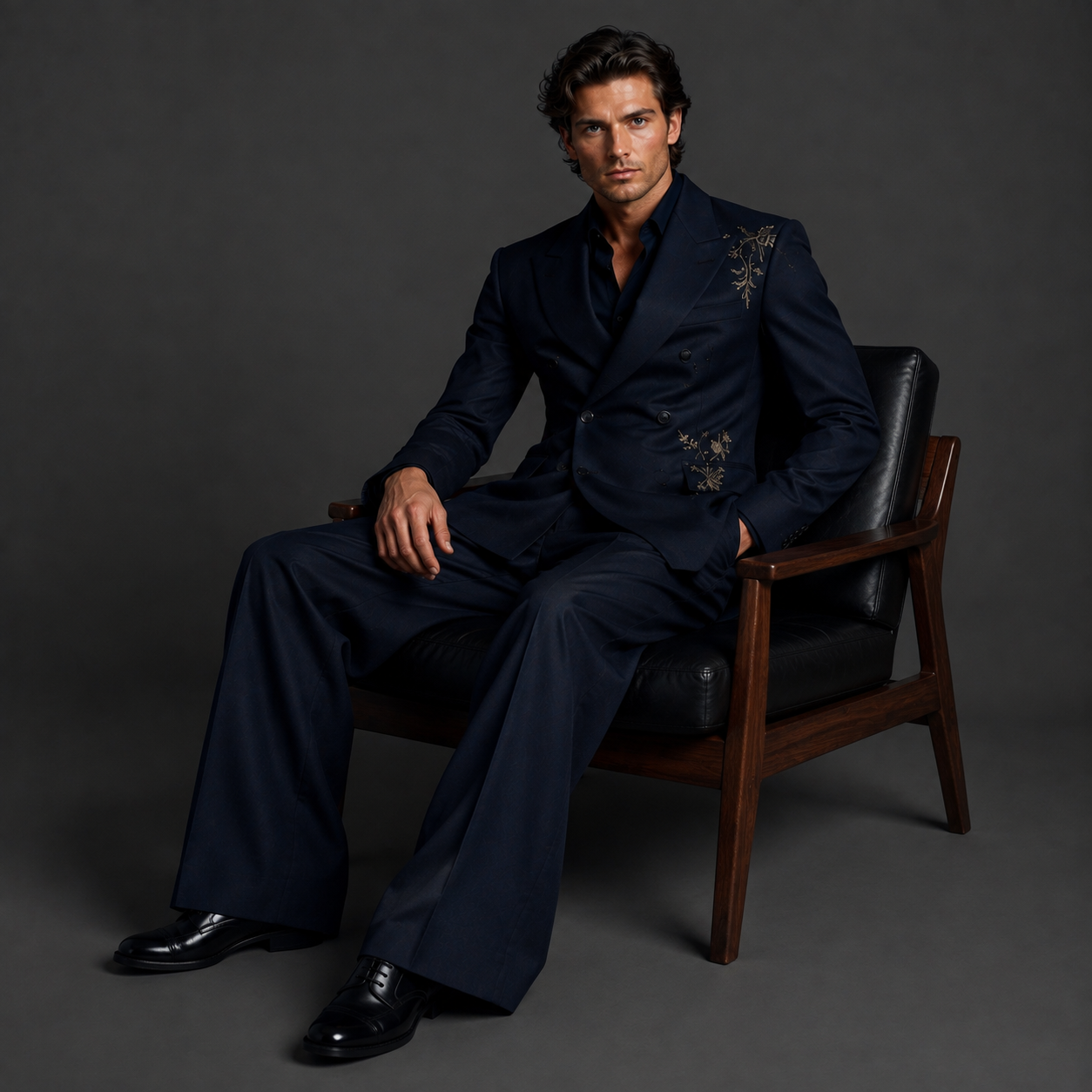 Luxury Dark Navy Double Breasted Suit for Men | Ornate Gold Embroidered Designer Suit