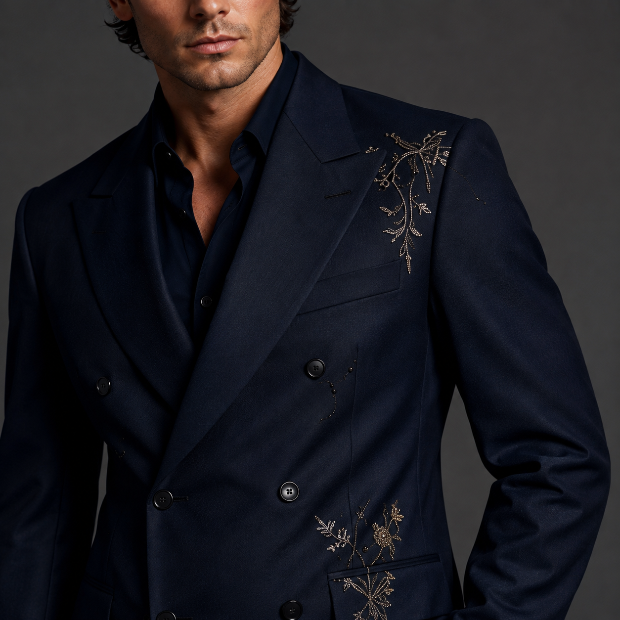 Luxury Dark Navy Double Breasted Suit for Men | Ornate Gold Embroidered Designer Suit